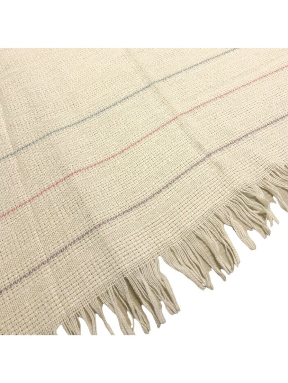Vintage Faribo Lightweight Acrylic Blend Throw Blanket Cream Muted Stripe Fringe - Picture 6 of 7
